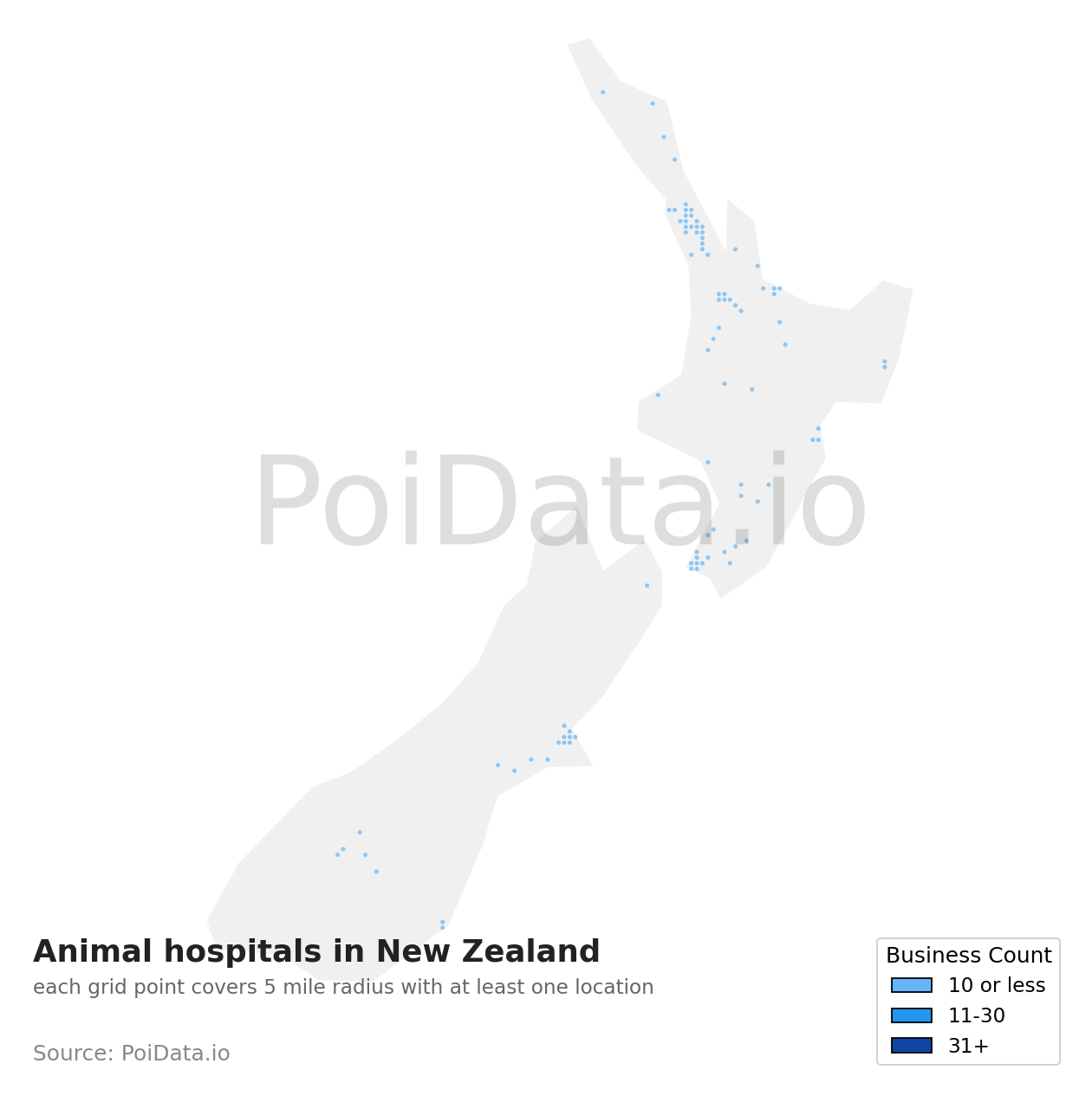 Animal hospital density map for New Zealand
