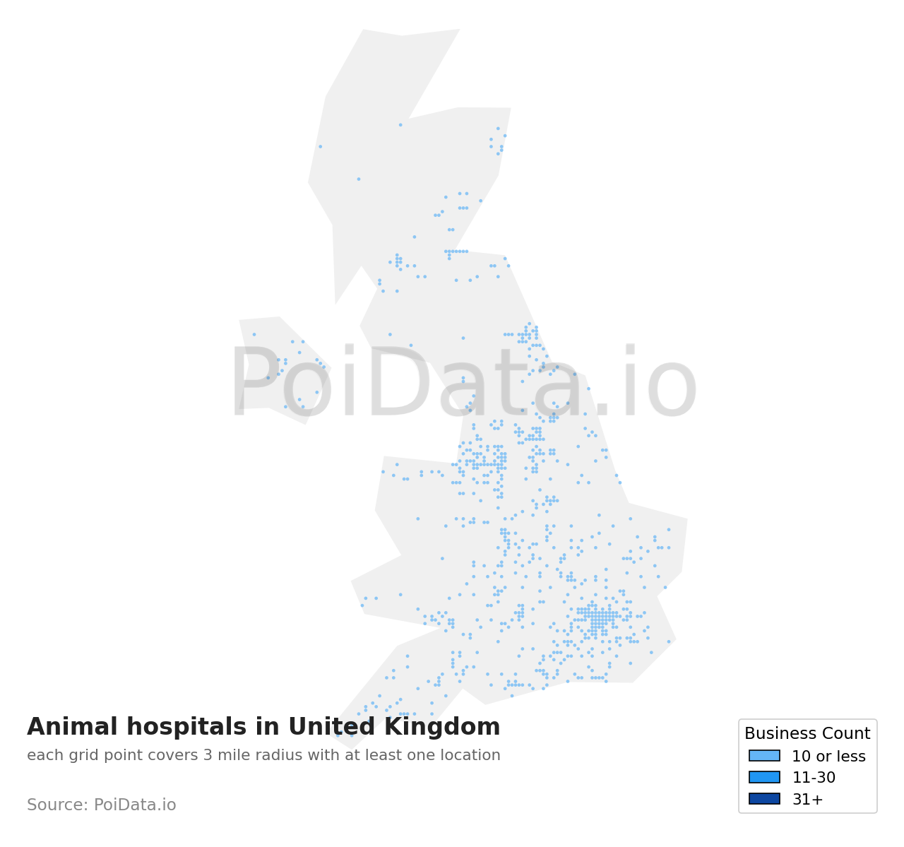 Animal hospital density map for United Kingdom