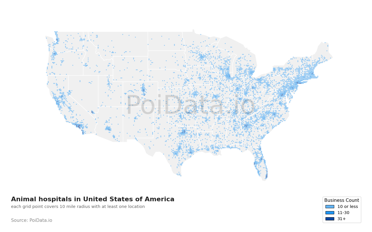 Animal hospital density map for United States