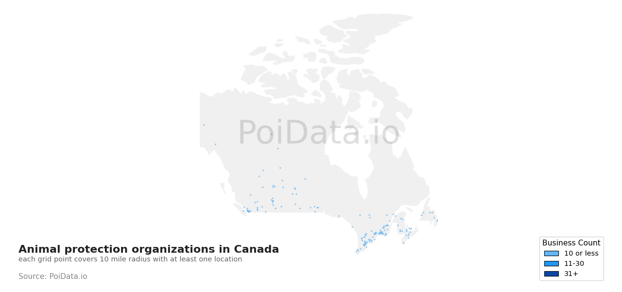 Animal protection organization density map for Alberta, Canada