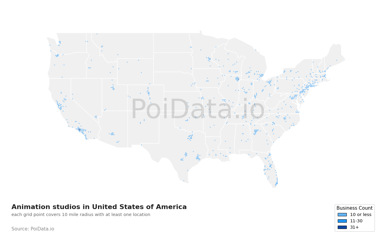 Animation studio density map for Kentucky, United States