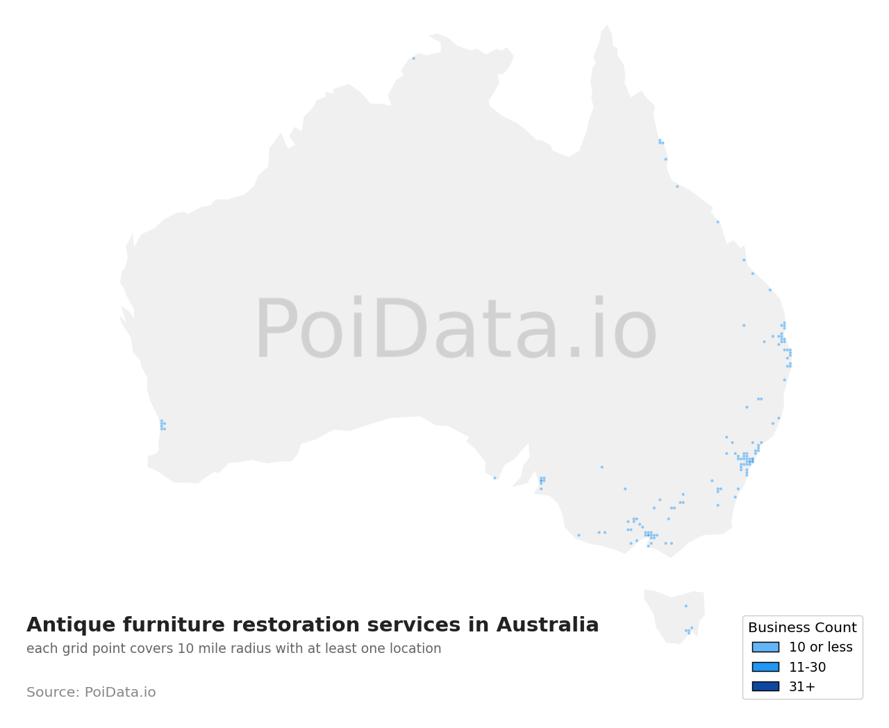Antique furniture restoration service density map for Australia
