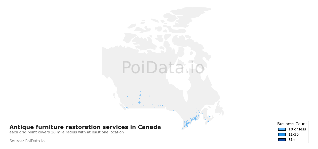 Antique furniture restoration service density map for Newfoundland and Labrador, Canada