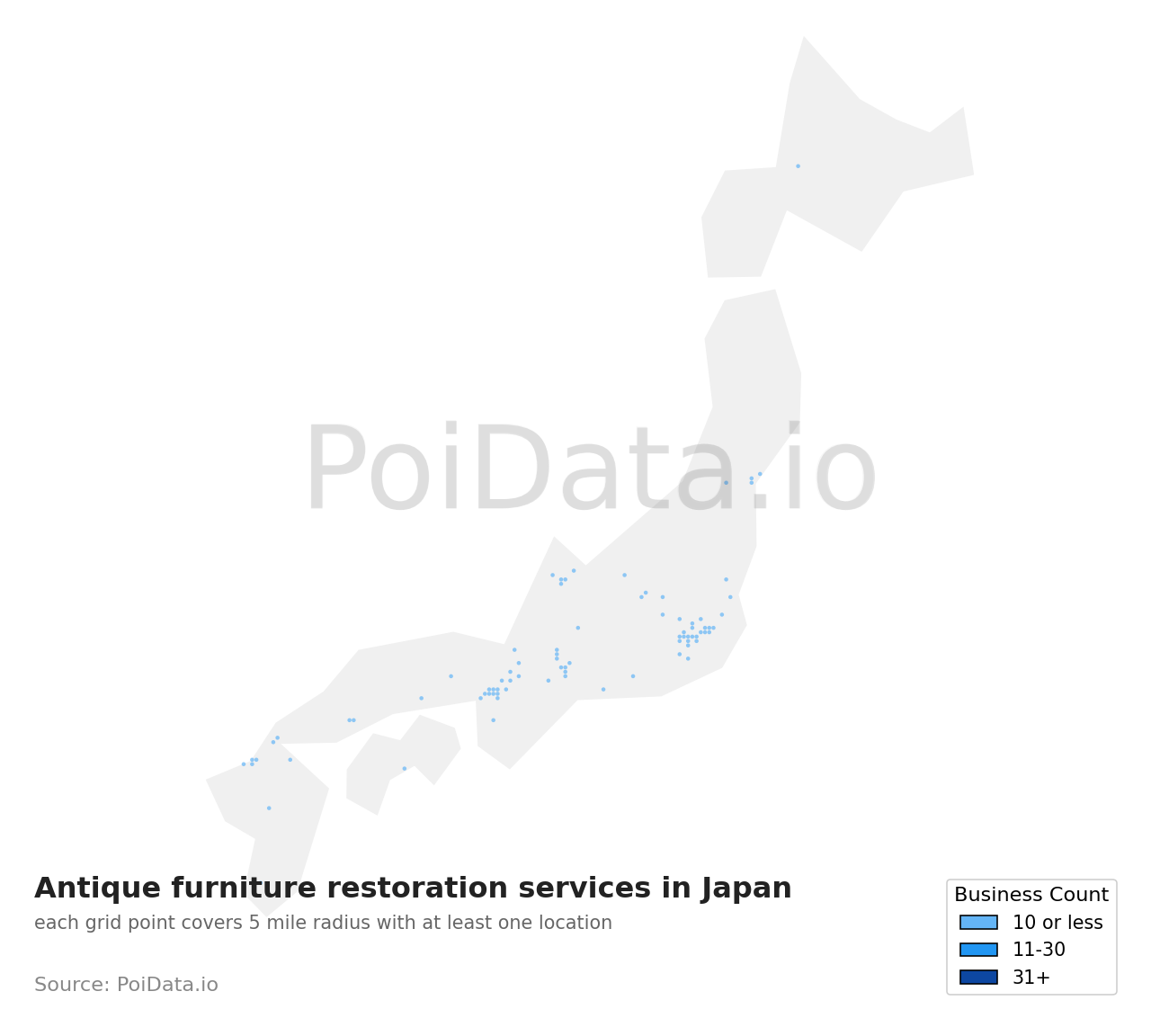 Antique furniture restoration service density map for Japan