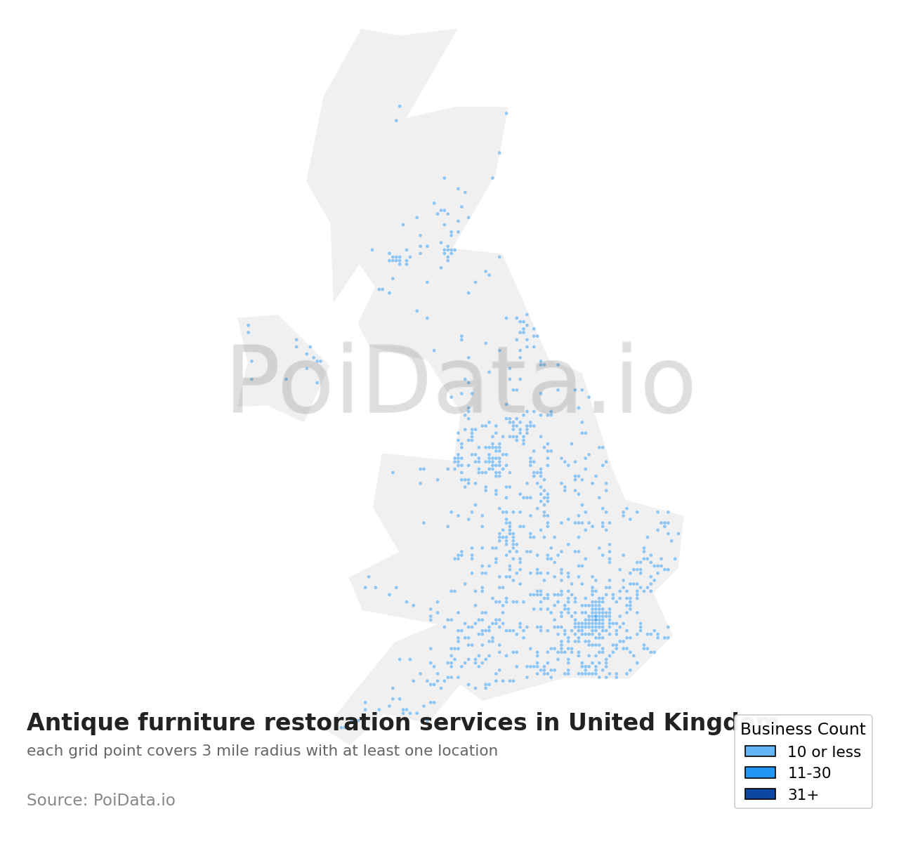 Antique furniture restoration service density map for United Kingdom