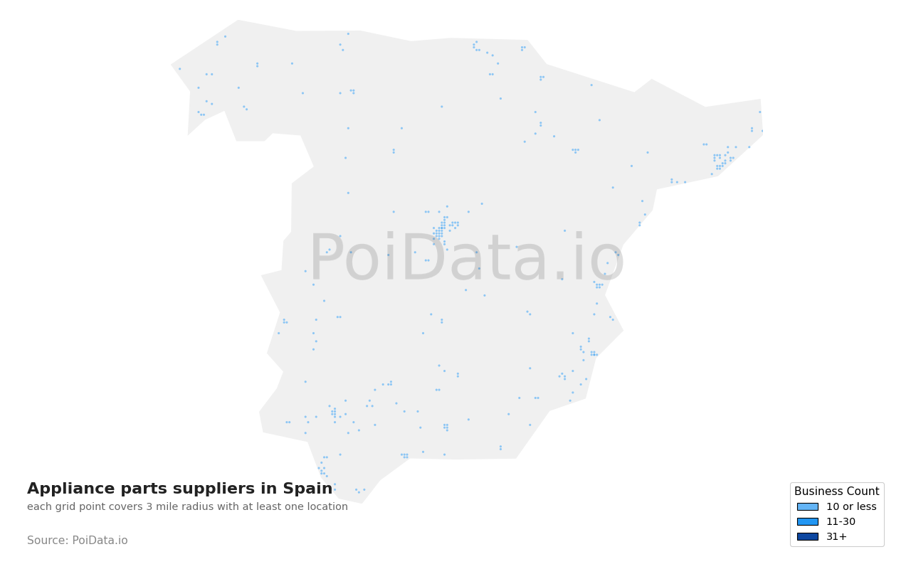 Appliance parts supplier density map for Spain
