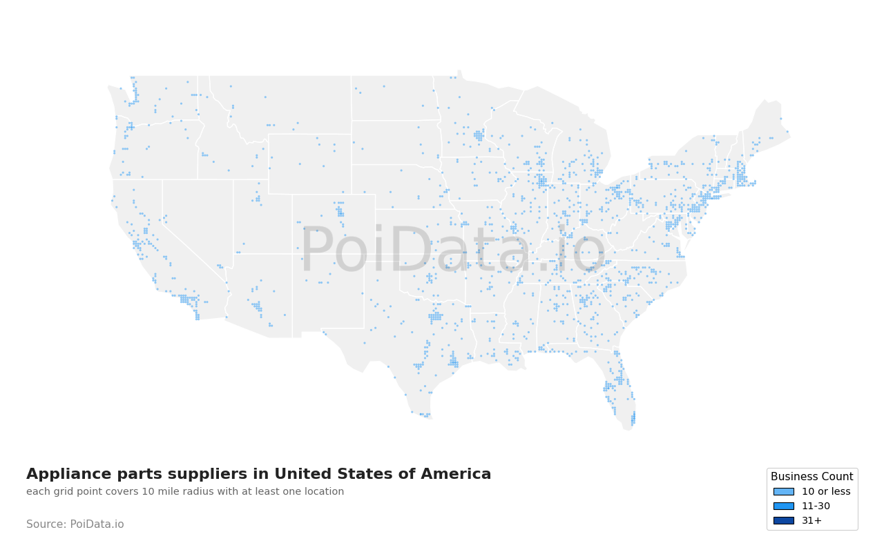 Appliance parts supplier density map for United States