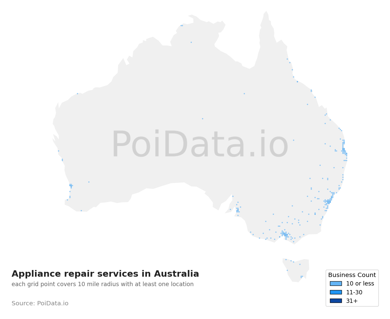 Appliance repair service density map for Western Australia, Australia