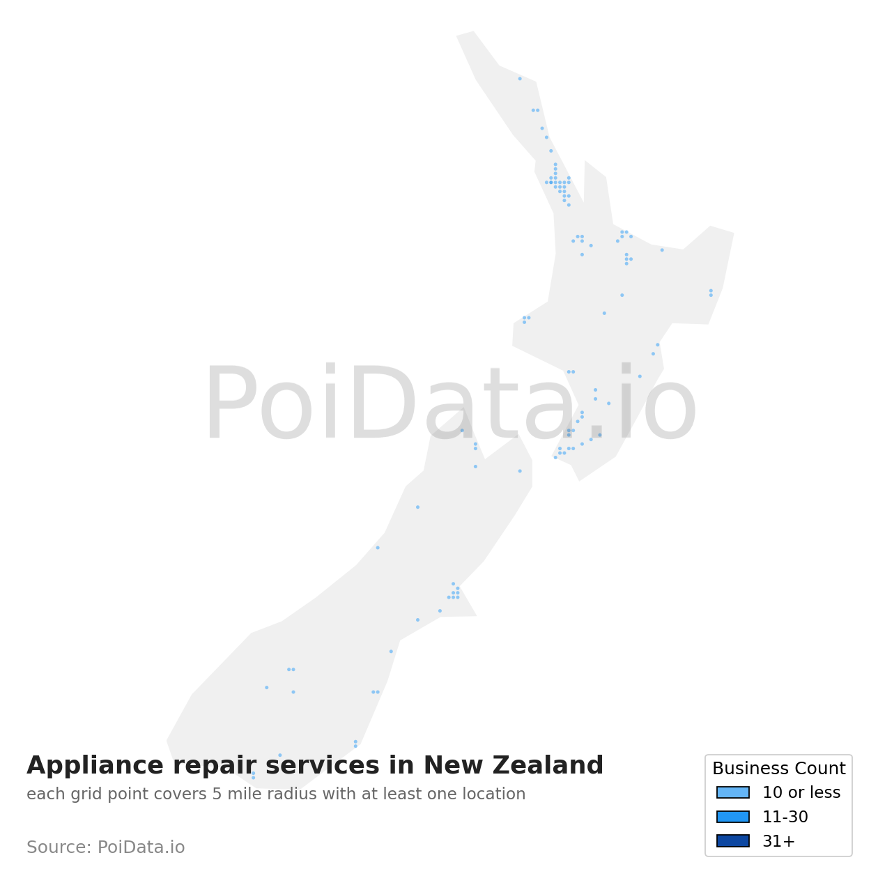 Appliance repair service density map for New Zealand