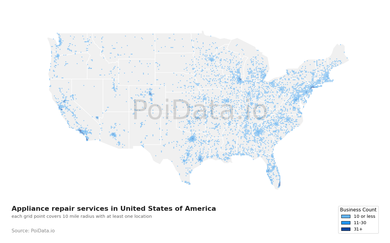 Appliance repair service density map for Louisiana, United States