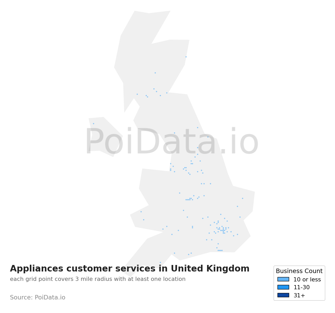Appliances customer service density map for United Kingdom