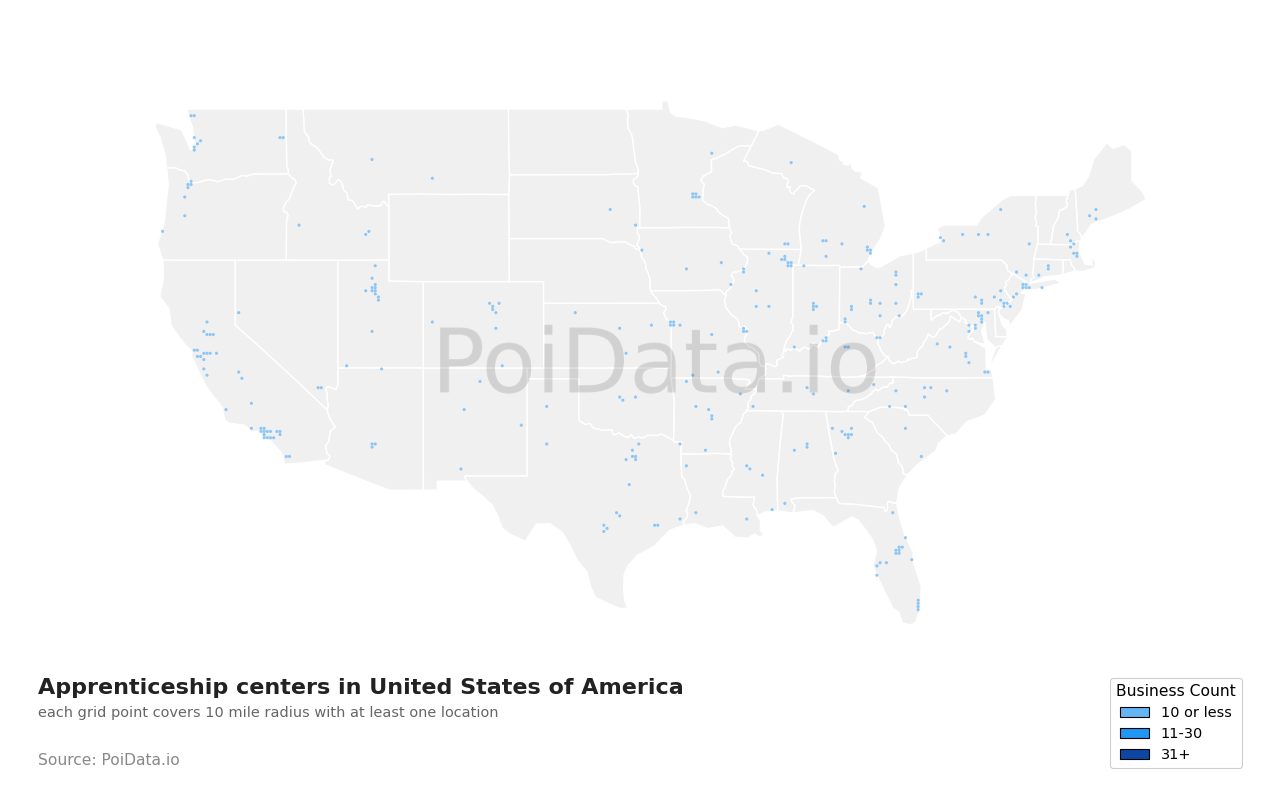 Apprenticeship center density map for United States