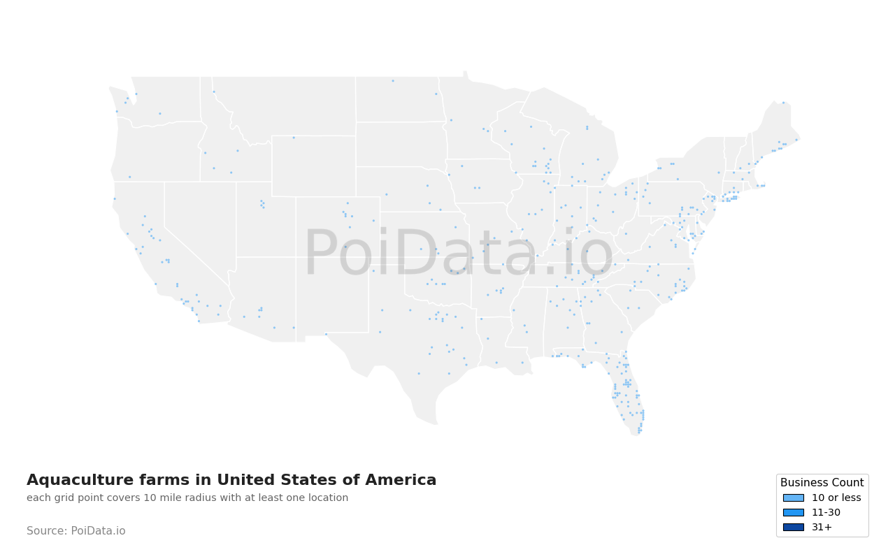 Aquaculture farm density map for Florida, United States