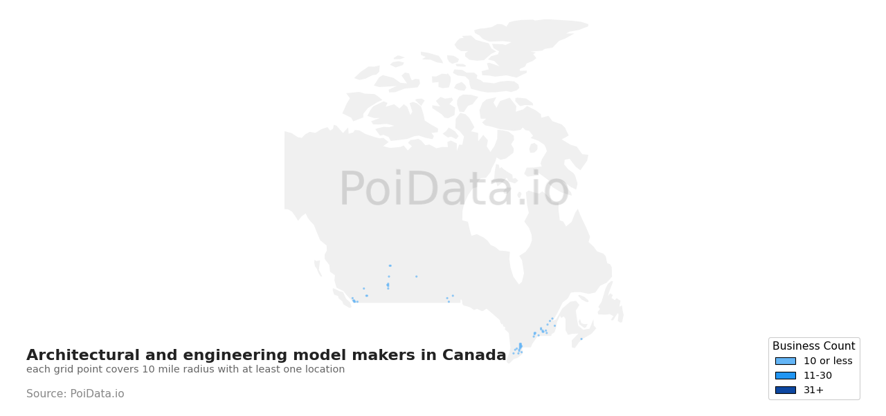 Architectural and engineering model maker density map for Canada