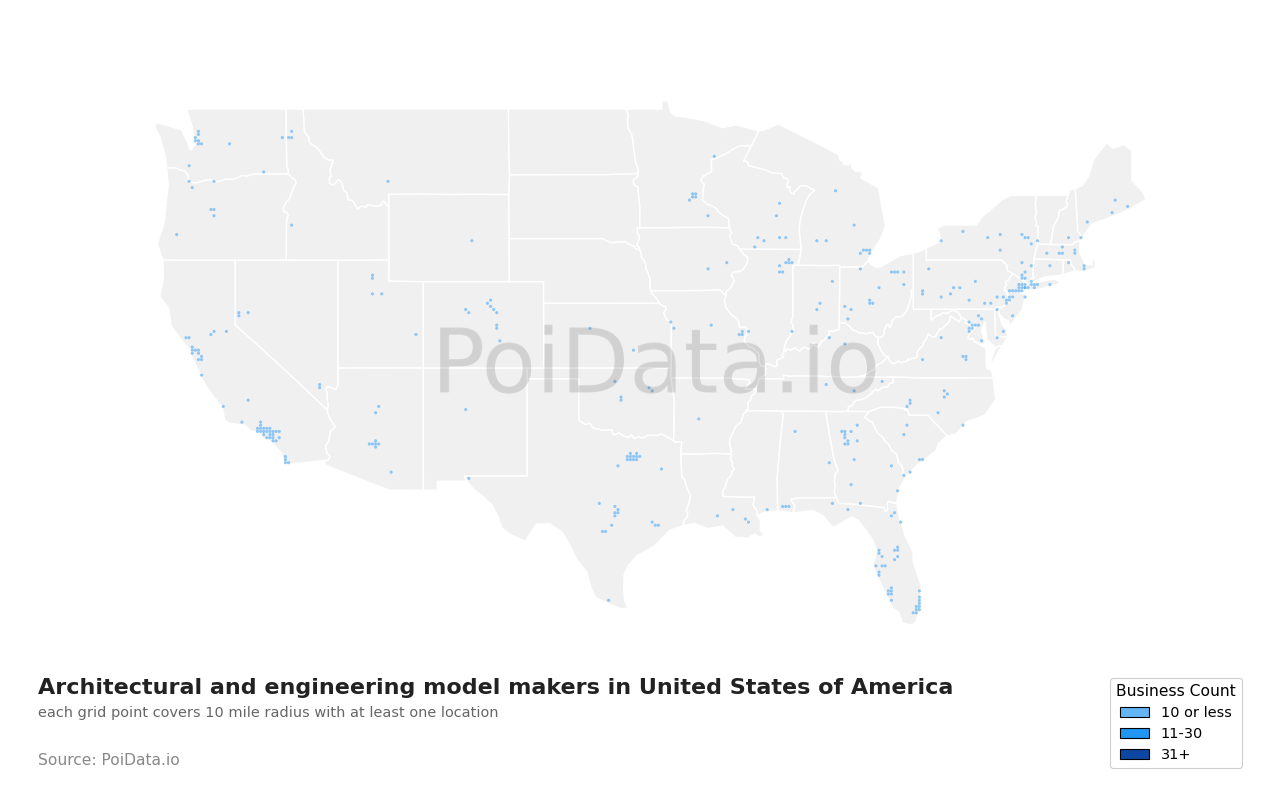 Architectural and engineering model maker density map for Texas, United States