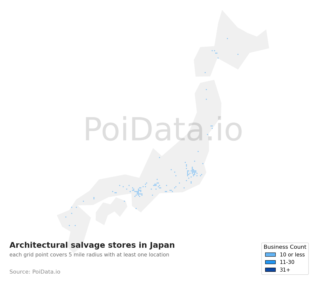 Architectural salvage store density map for Japan