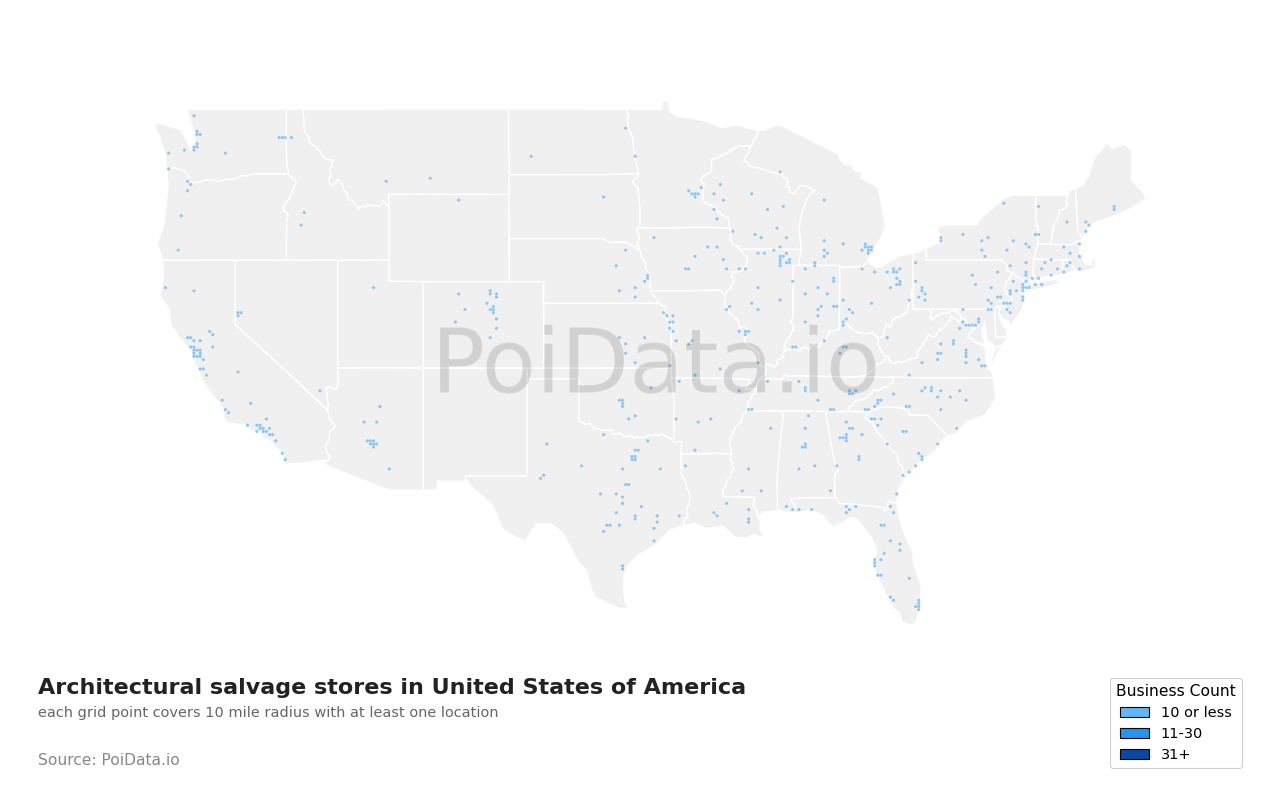 Architectural salvage store density map for Oregon, United States