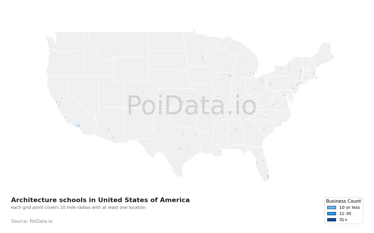 Architecture school density map for Tennessee, United States