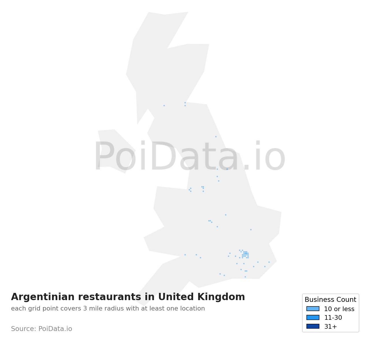 Argentinian restaurant density map for United Kingdom