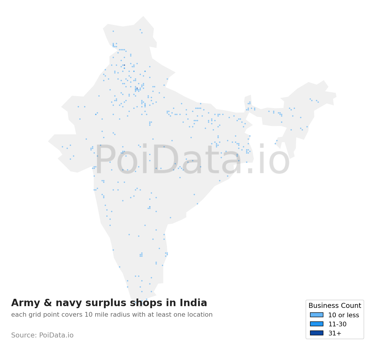 Army & navy surplus shop density map for India