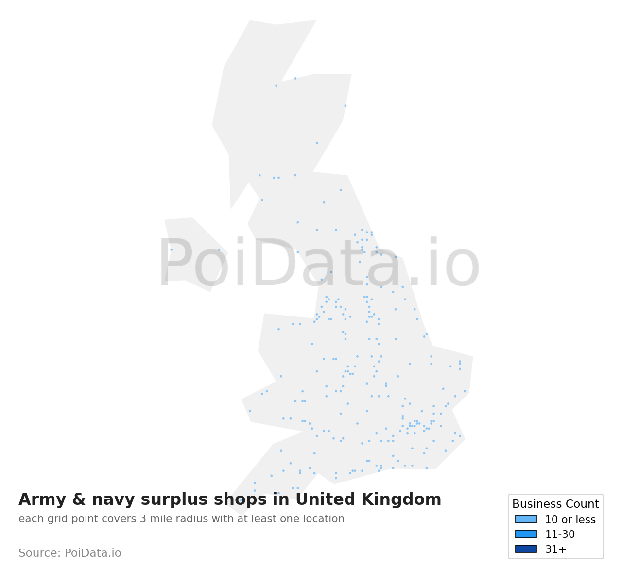 Army & navy surplus shop density map for United Kingdom