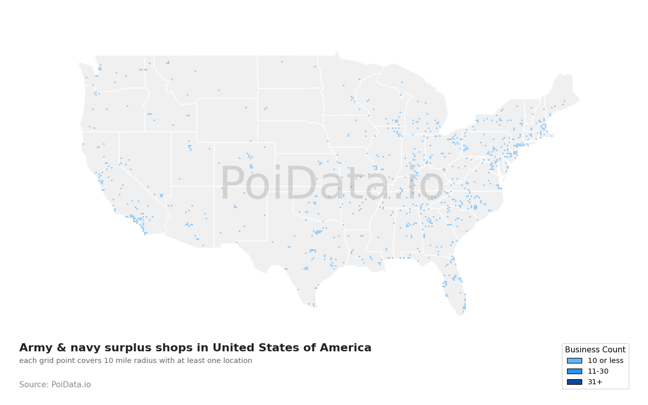 Army & navy surplus shop density map for New York, United States