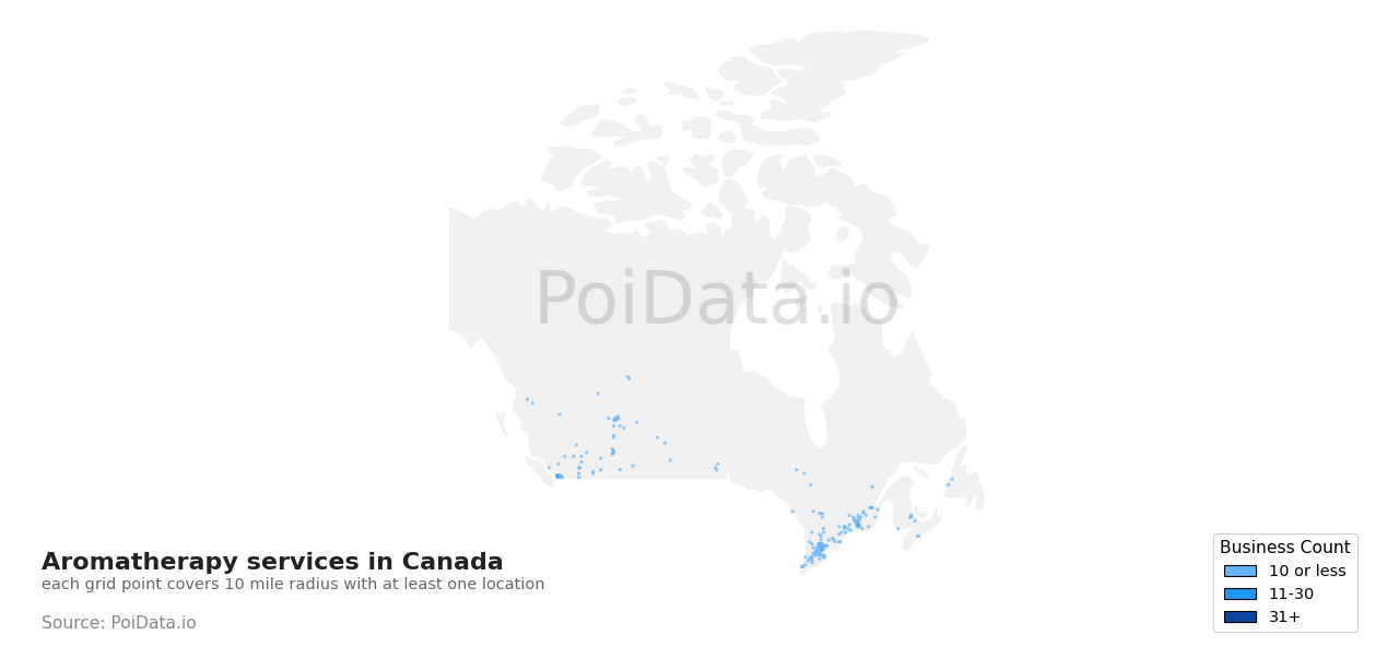Aromatherapy service density map for Manitoba, Canada
