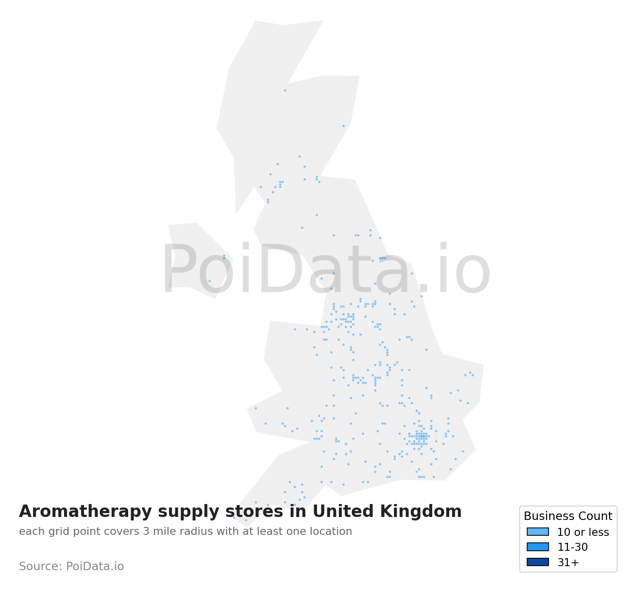 Aromatherapy supply store density map for United Kingdom