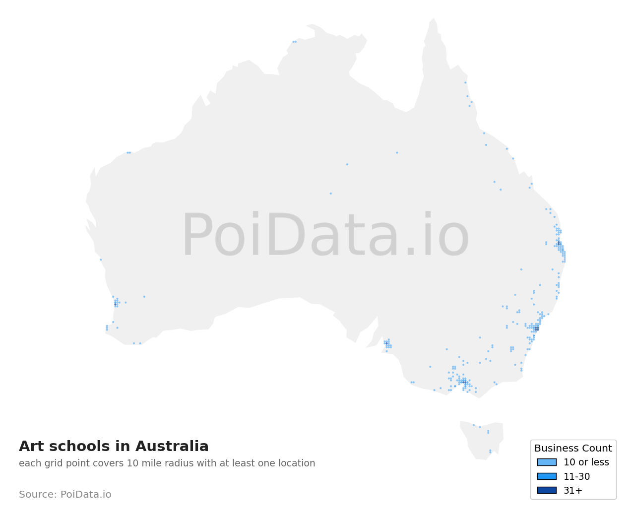 Art school density map for Tasmania, Australia