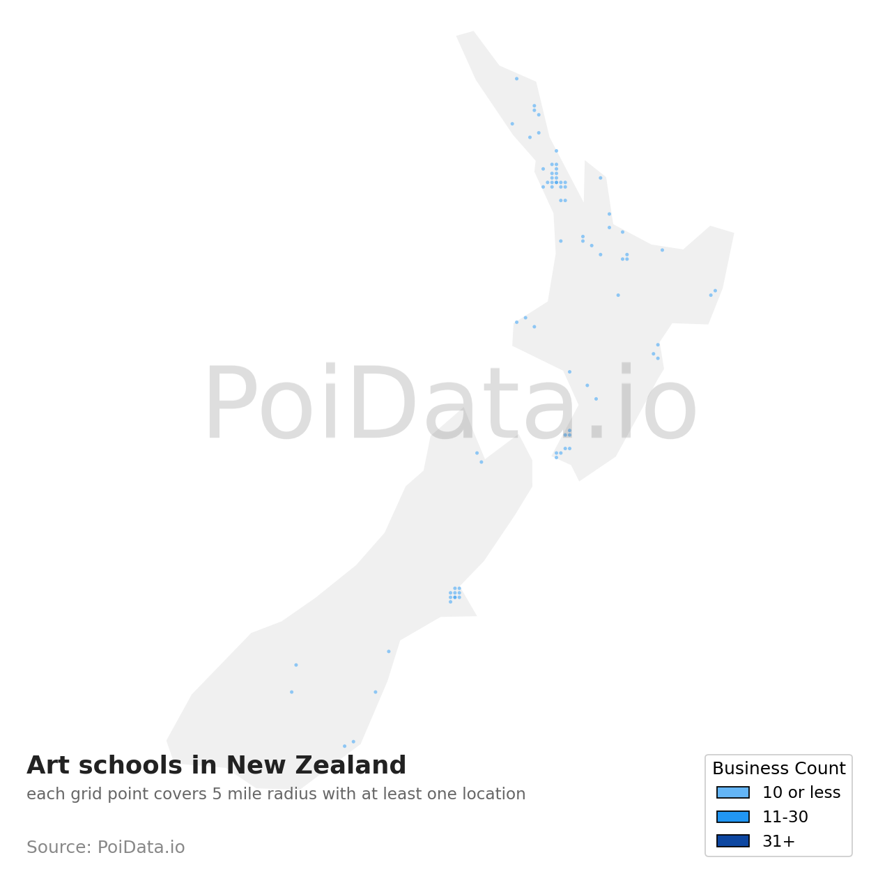 Art school density map for New Zealand