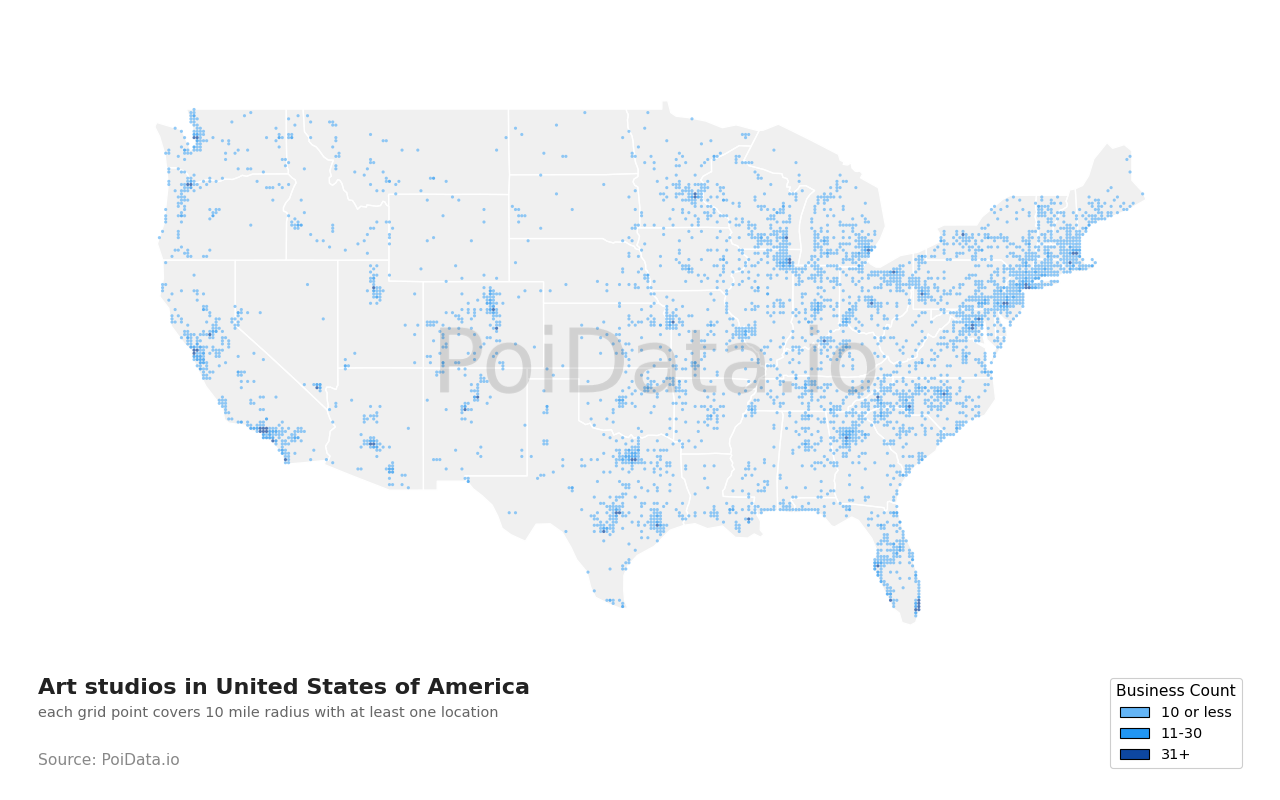 Art studio density map for United States