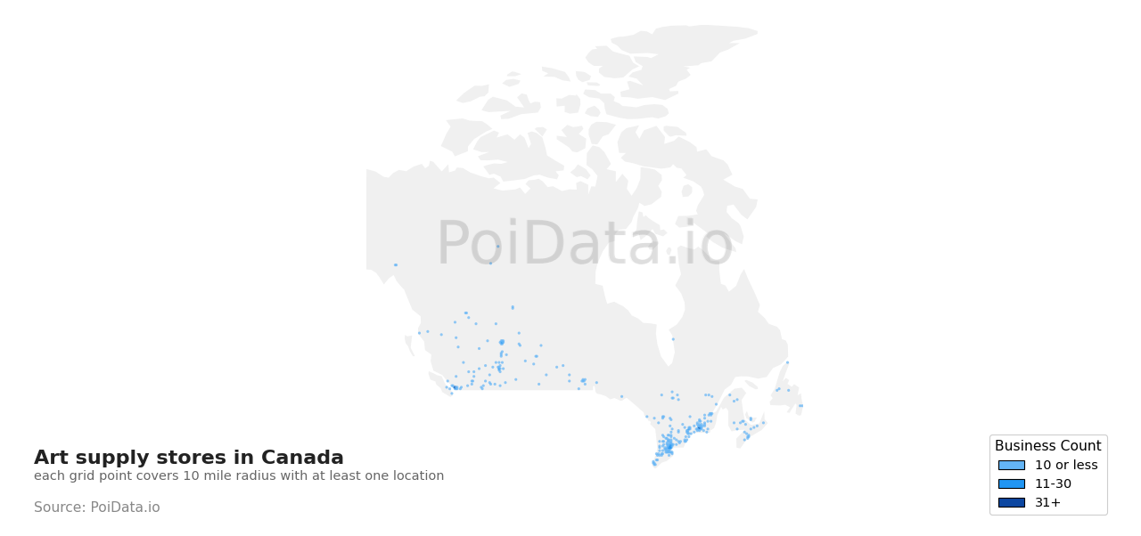 Art supply store density map for Manitoba, Canada