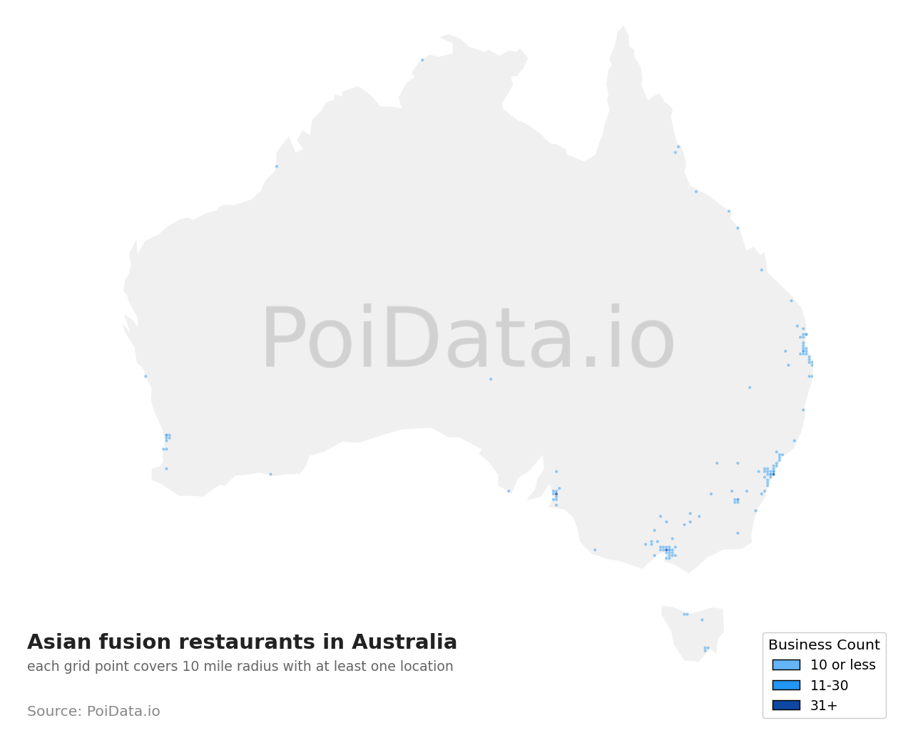 Asian fusion restaurant density map for Australia