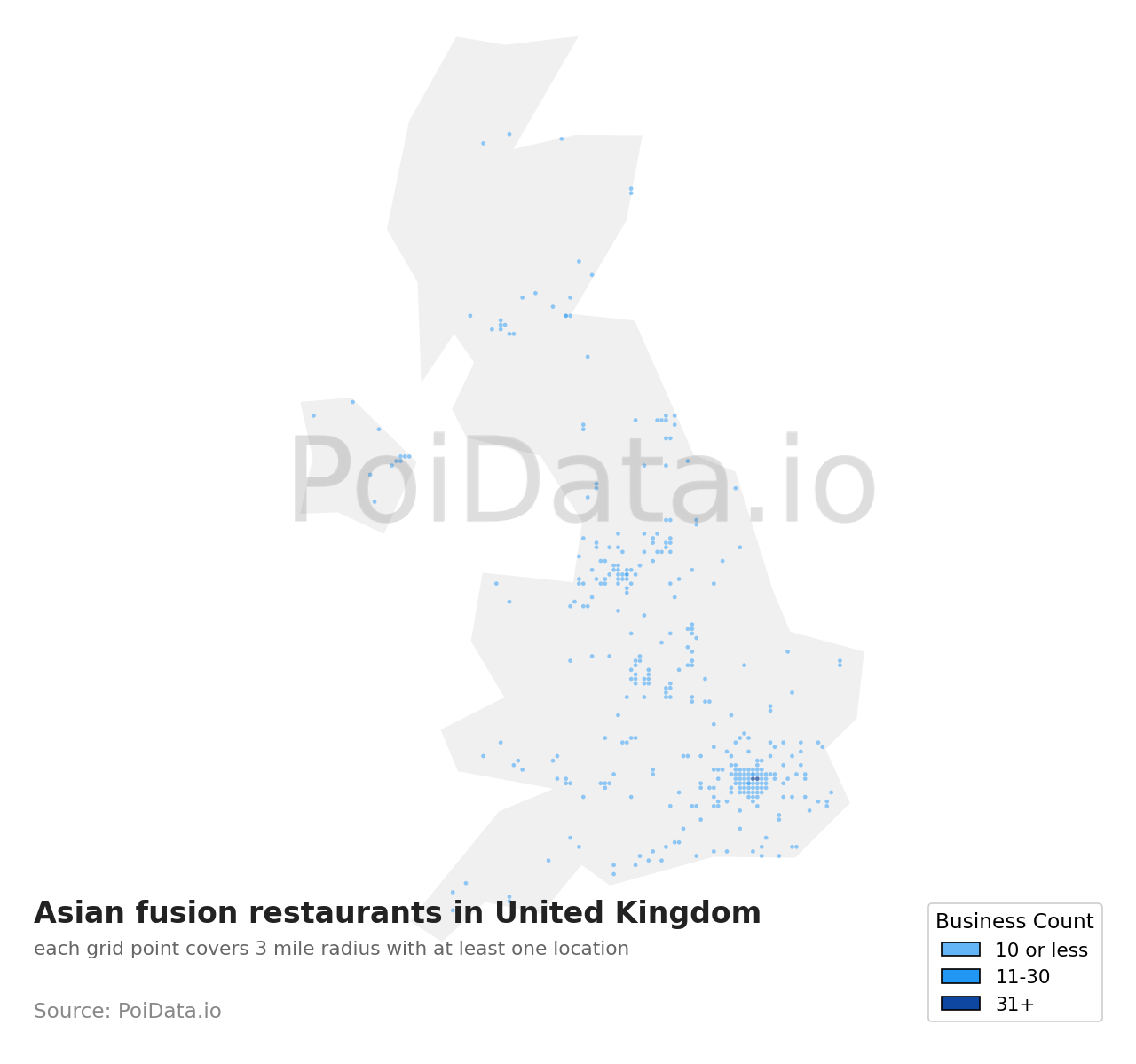 Asian fusion restaurant density map for United Kingdom