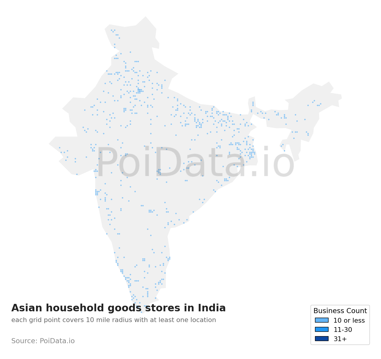 Asian household goods store density map for India