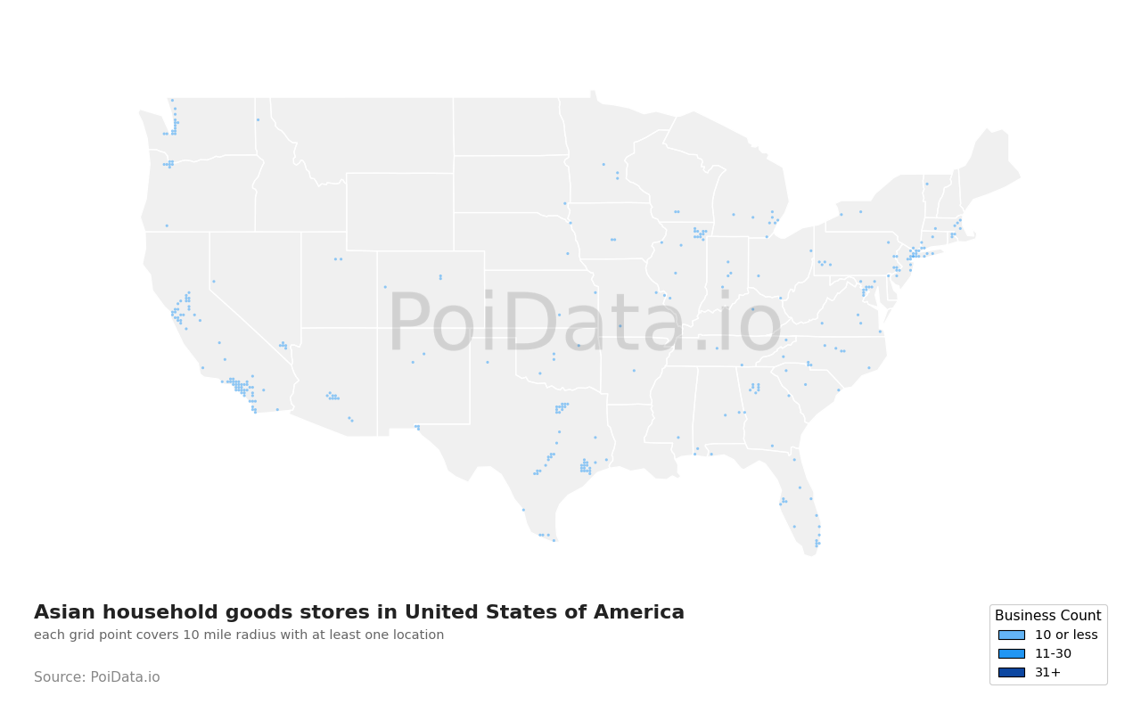 Asian household goods store density map for United States