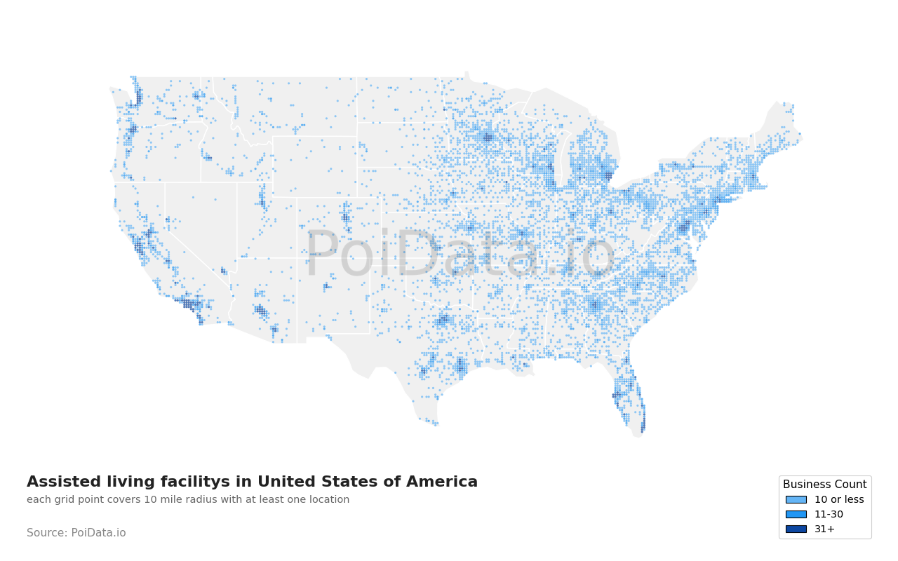 Assisted living facility density map for Florida, United States
