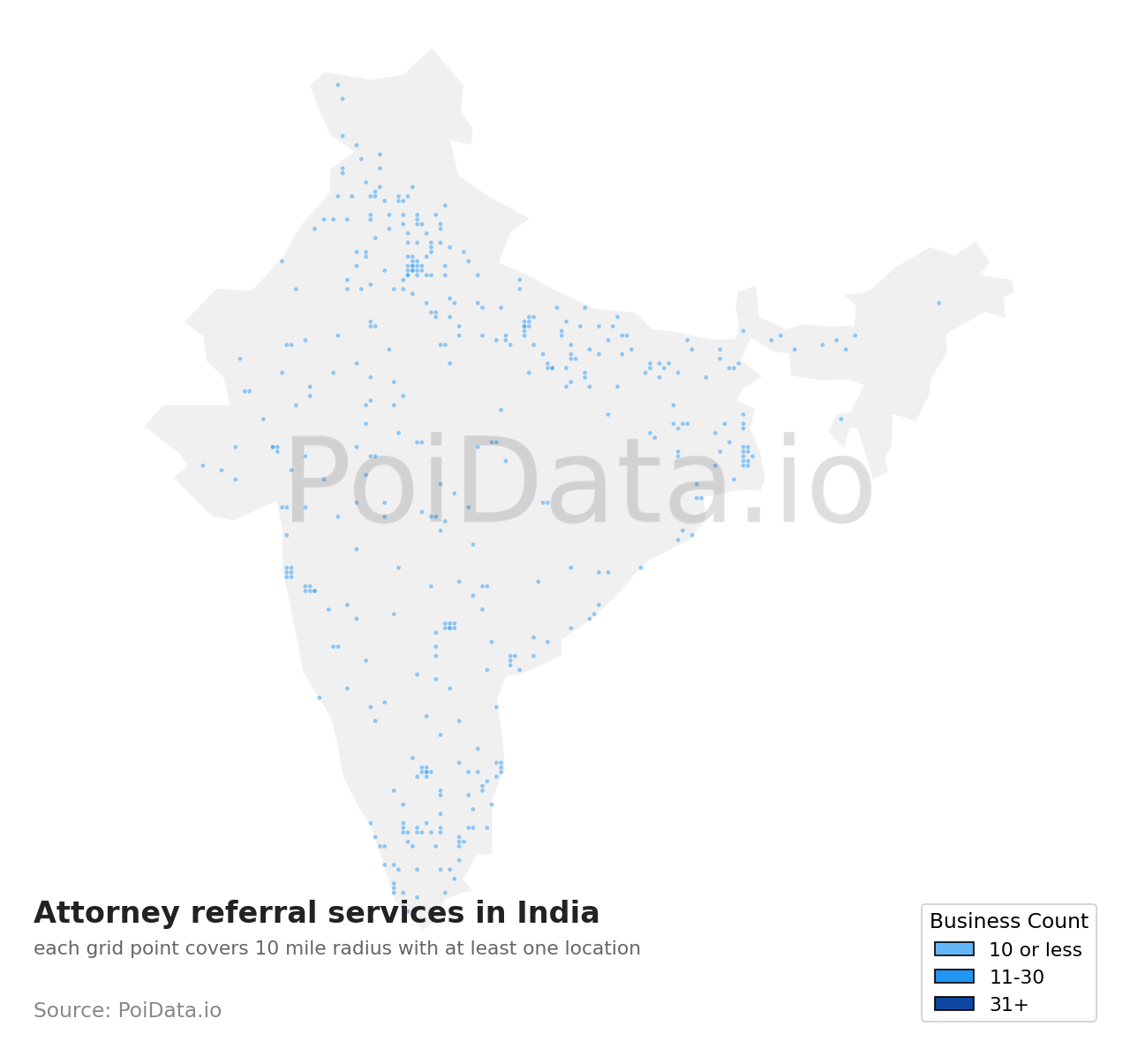 Attorney referral service density map for India