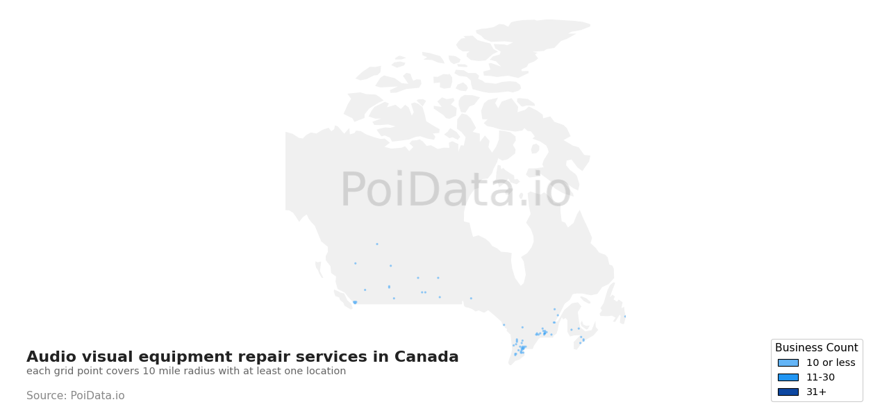 Audio visual equipment repair service density map for Newfoundland and Labrador, Canada