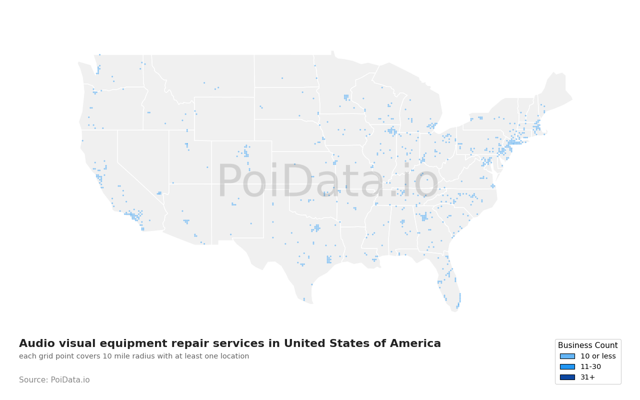 Audio visual equipment repair service density map for Nevada, United States