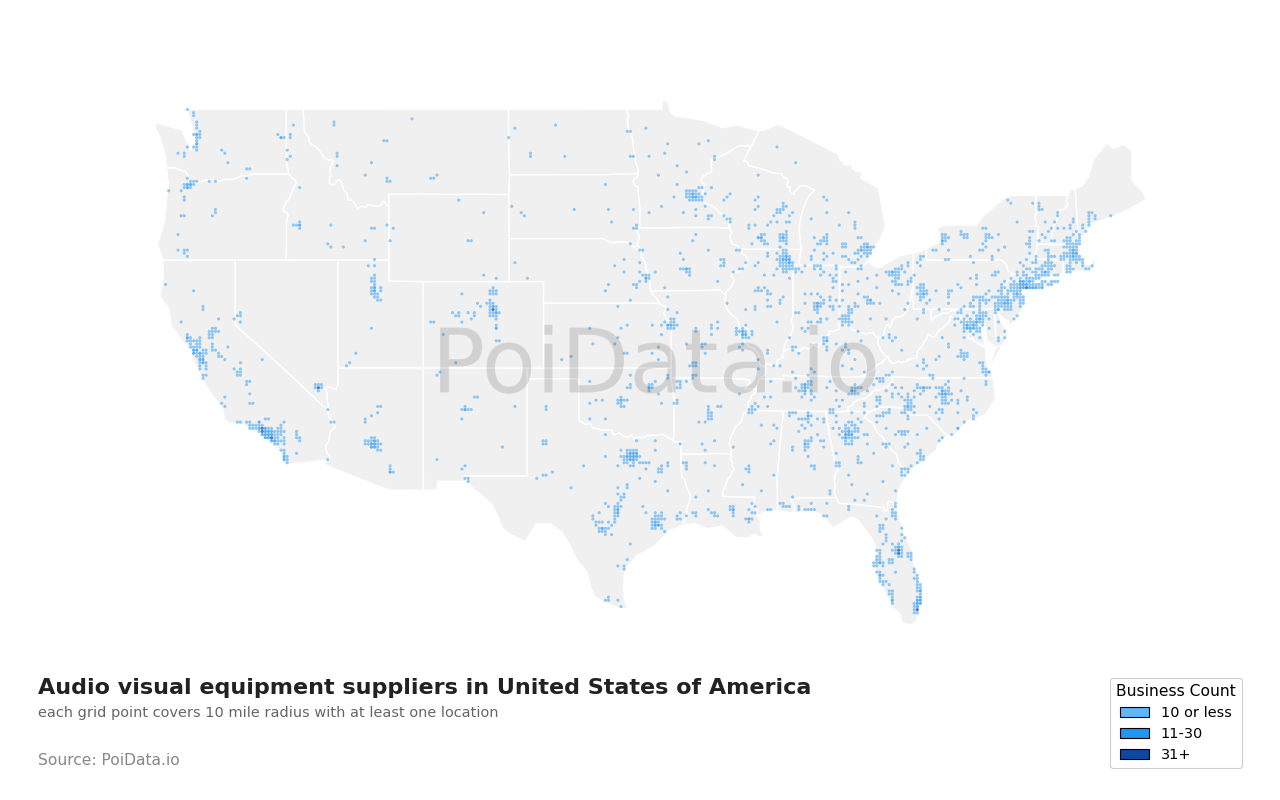 Audio visual equipment supplier density map for Nevada, United States