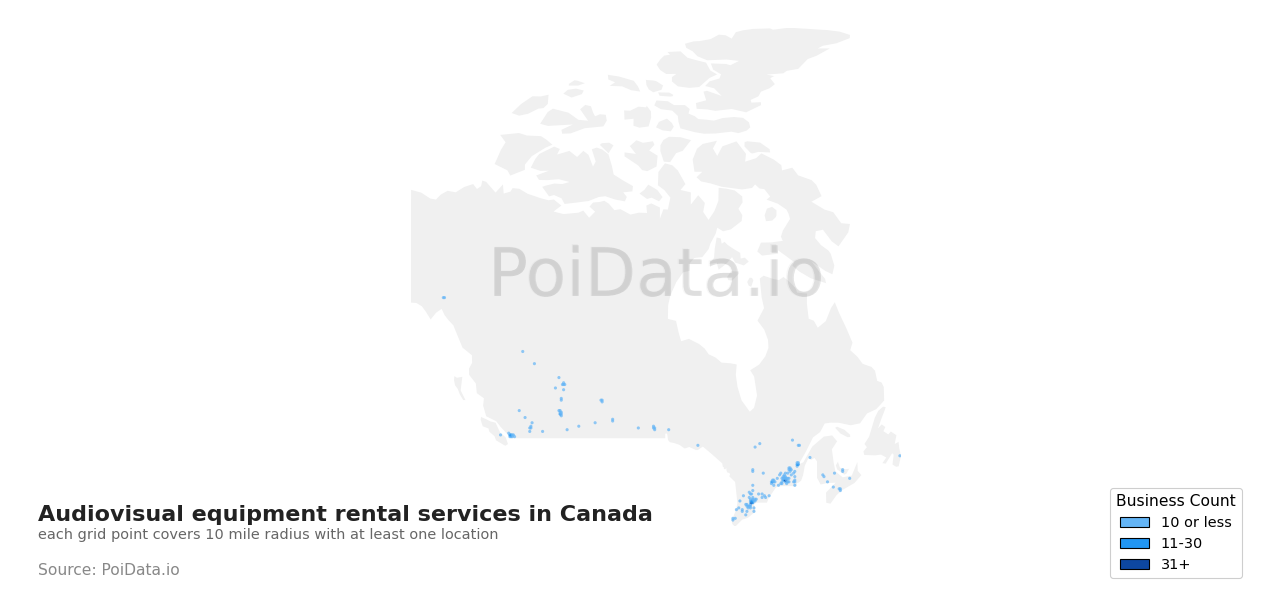 Audiovisual equipment rental service density map for Yukon, Canada