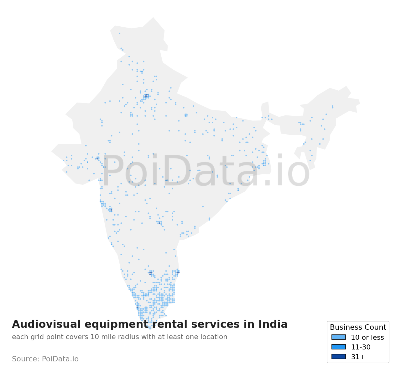 Audiovisual equipment rental service density map for India