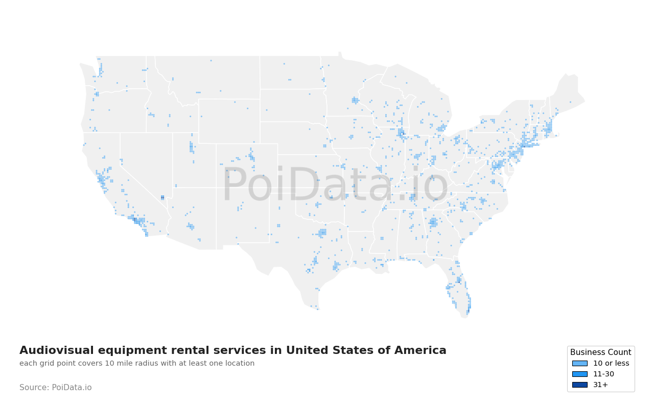 Audiovisual equipment rental service density map for Nevada, United States