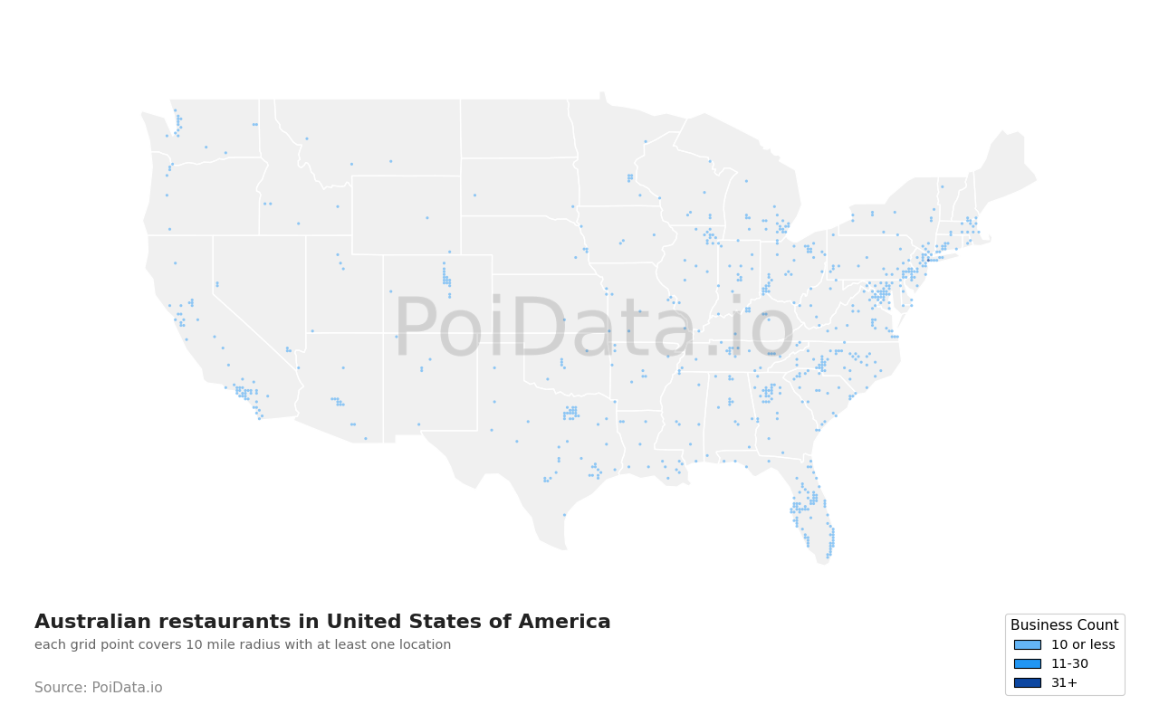 Australian restaurant density map for Louisiana, United States