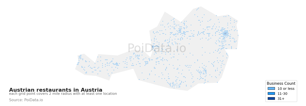 Austrian restaurant density map for Austria