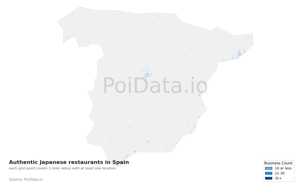 Authentic Japanese restaurant density map for Spain