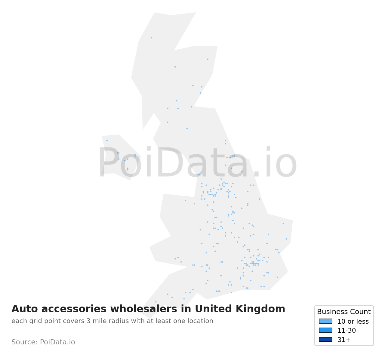 Auto accessories wholesaler density map for United Kingdom