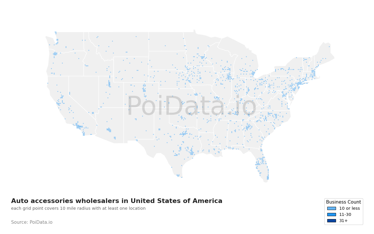 Auto accessories wholesaler density map for United States