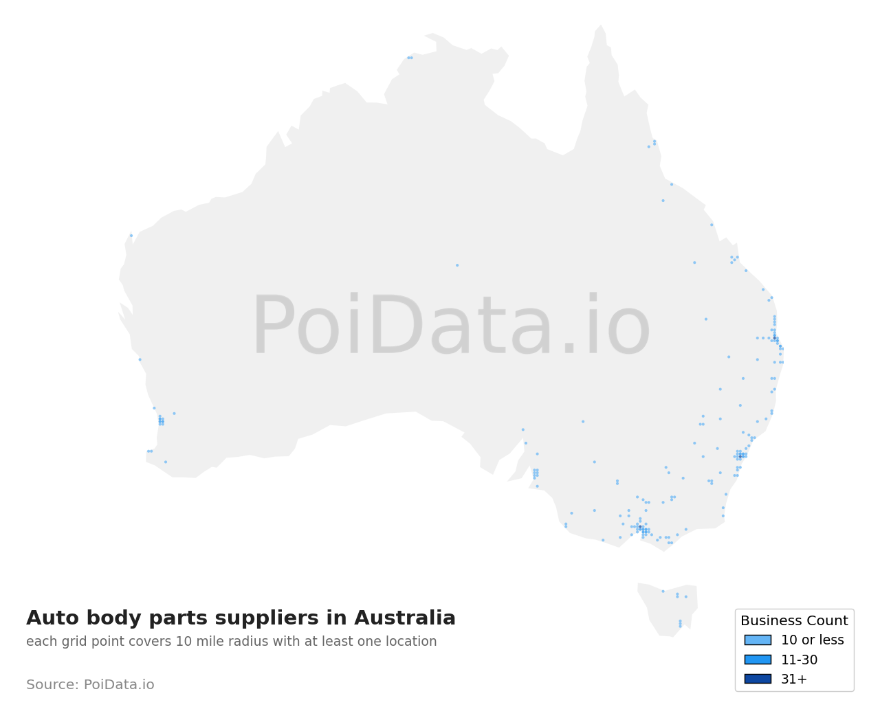 Auto body parts supplier density map for Australia
